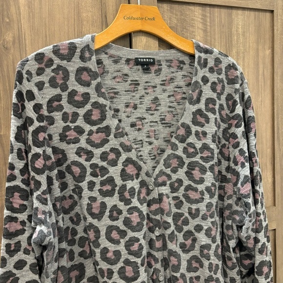 Torrid 4X Slub Boyfriend Cardigan Grey Pink Leopard Button-Front Sweater - Picture 5 of 11